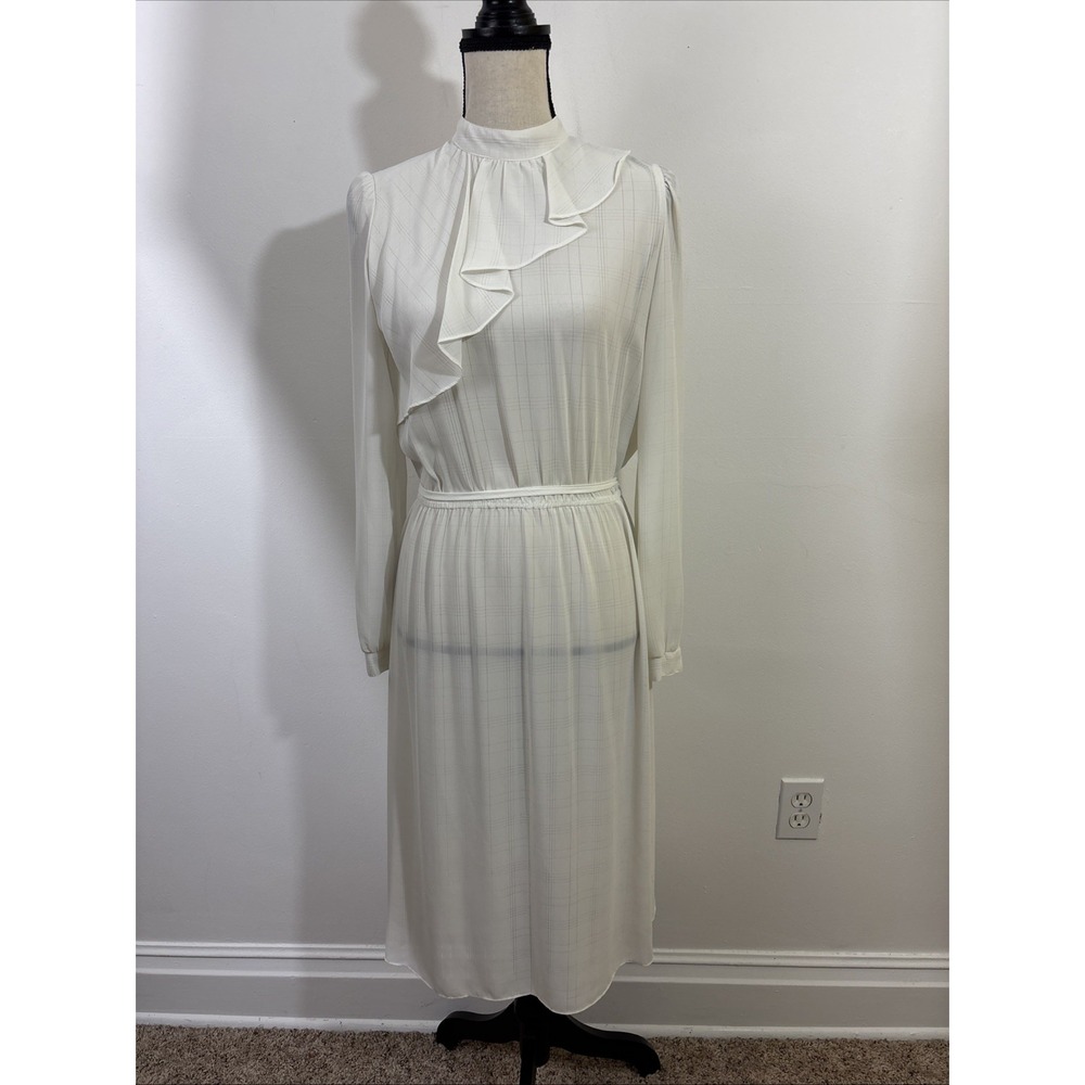 Vintage Ivory Dress Size S/M Ruffle Long Sleeve Laine Brand Buttons‎